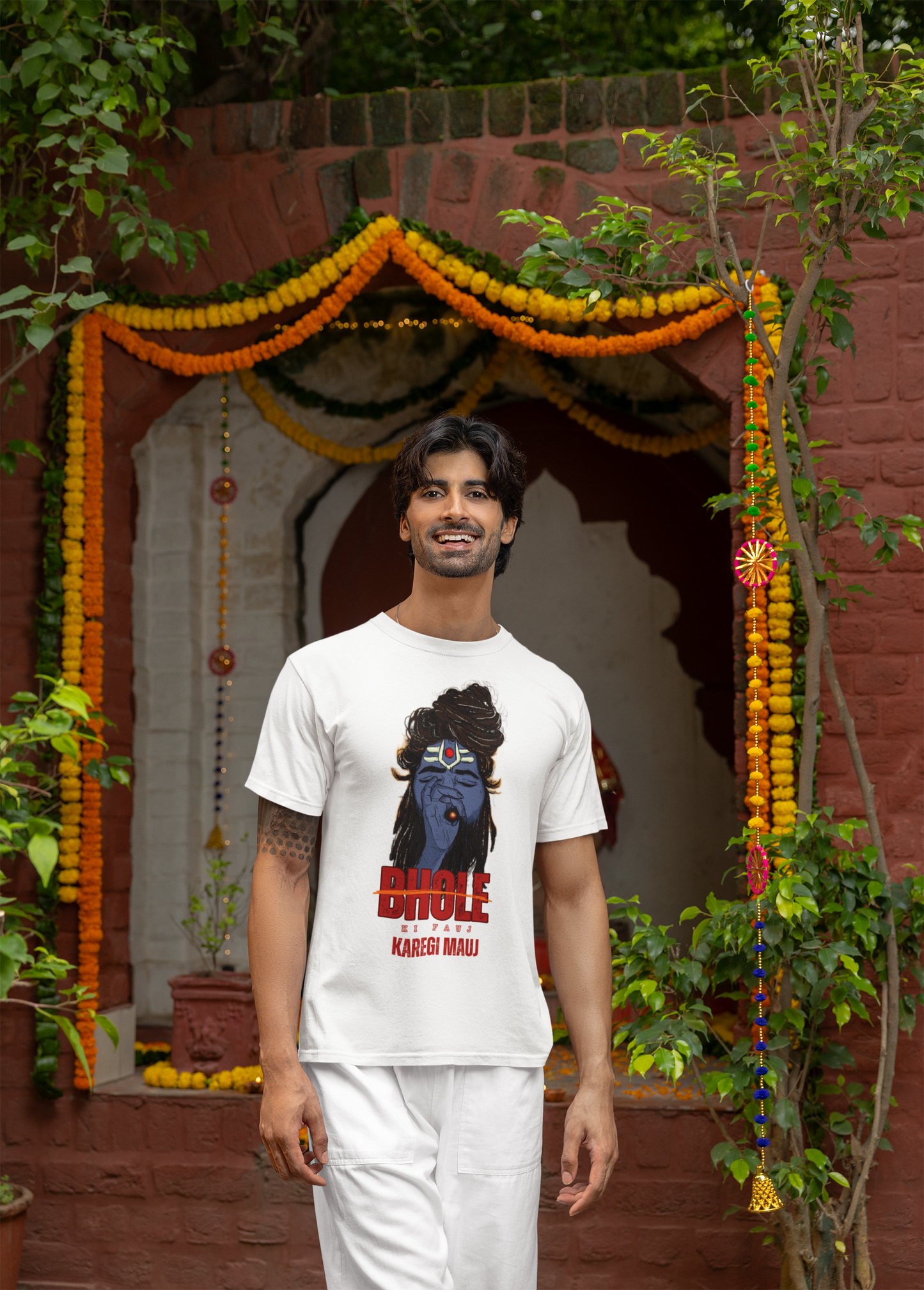 Bhole Ki Fauz Karegi Mauz with Image Dual Side Printed T-Shirt For Men and Women